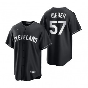 Men's Cleveland Indians Shane Bieber Nike Black White 2021 All Black Fashion Replica Jersey
