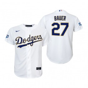 Youth Dodgers Trevor Bauer White Gold 2021 Gold Program Replica Jersey
